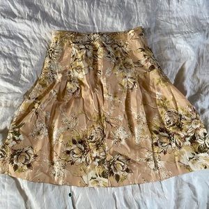Beige Floral Pleated High Waist Knee Length Skirt